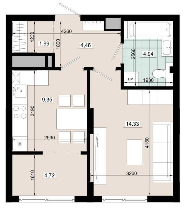 Однокімнатна 39.79 кв.м