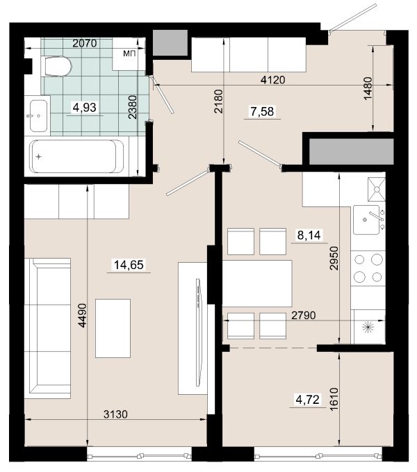 Однокімнатна 40.02 кв.м 
