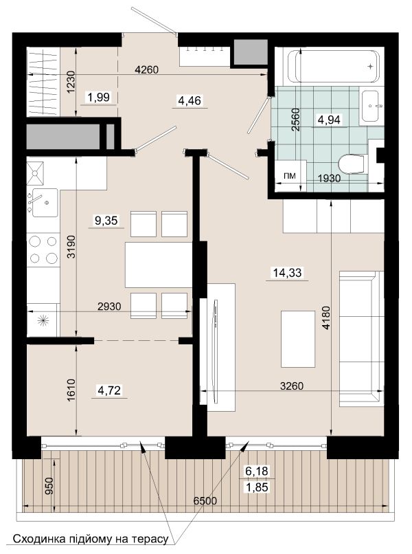 Однокімнатна 41.64 кв.м /з терасою/