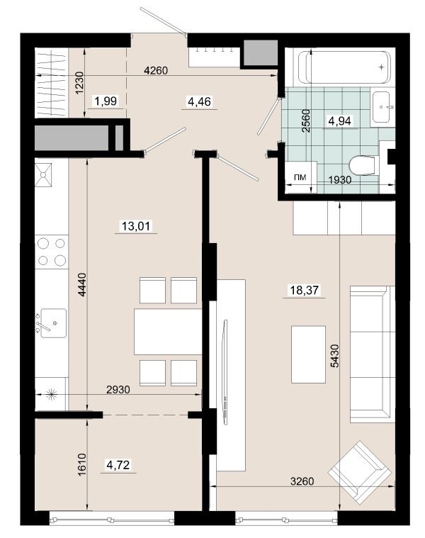 Однокімнатна 47.49 кв.м