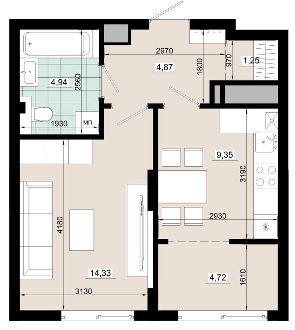 Однокімнатна 39.46кв.м