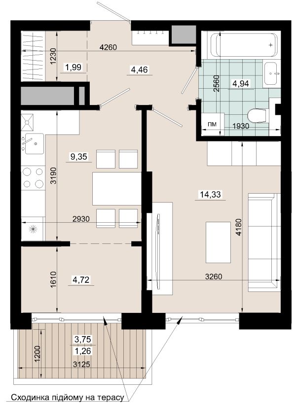 Однокімнатна 41.05 кв.м /з терасою/