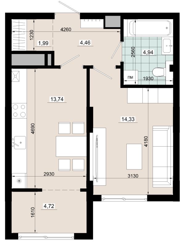 Однокімнатна 44.18 кв.м 