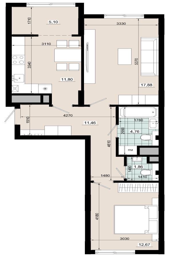 Двокімнатна 65,53 кв.м
